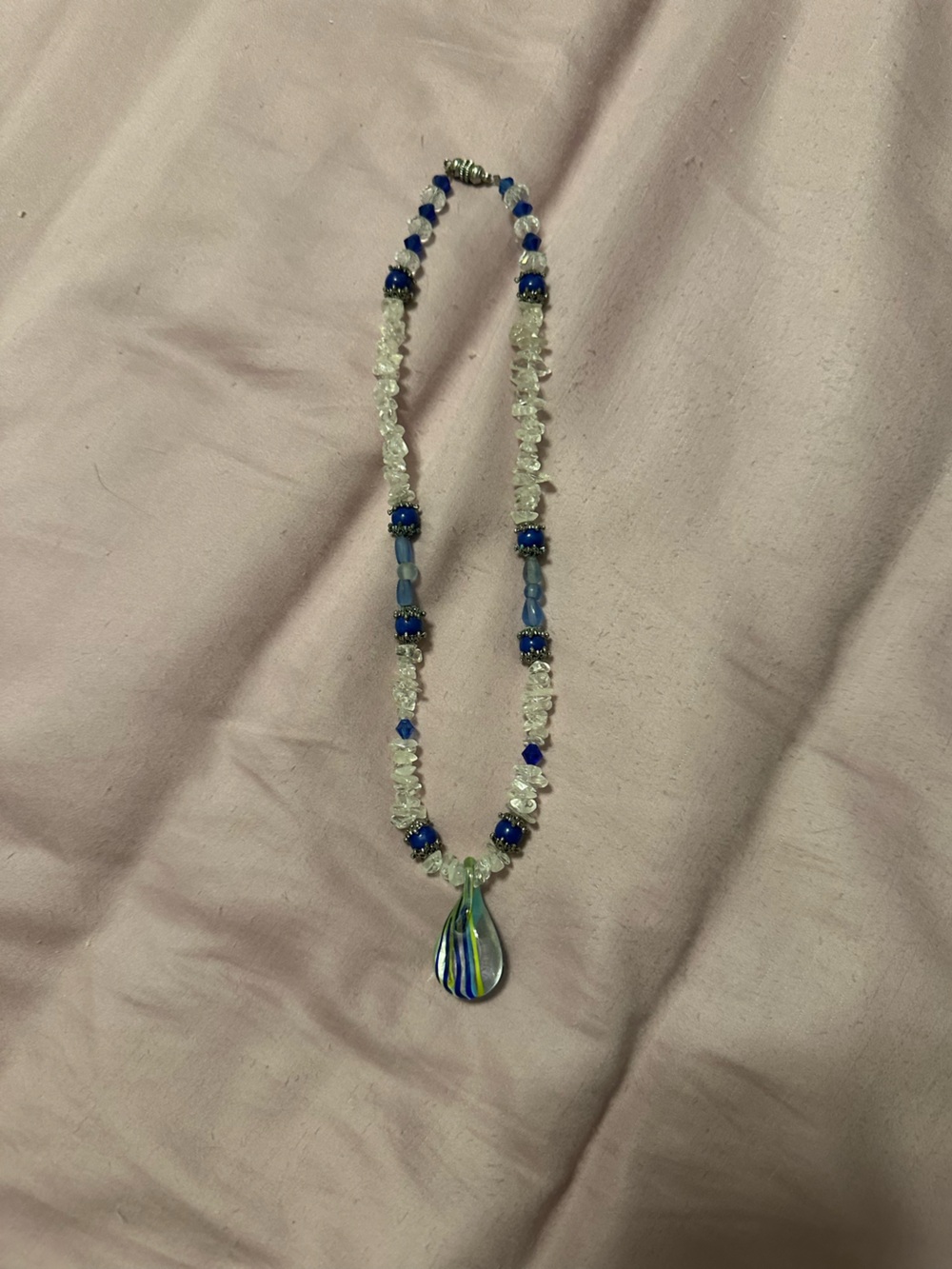 Handmade Blue and Clear Beaded Pendant Necklace - Unbranded